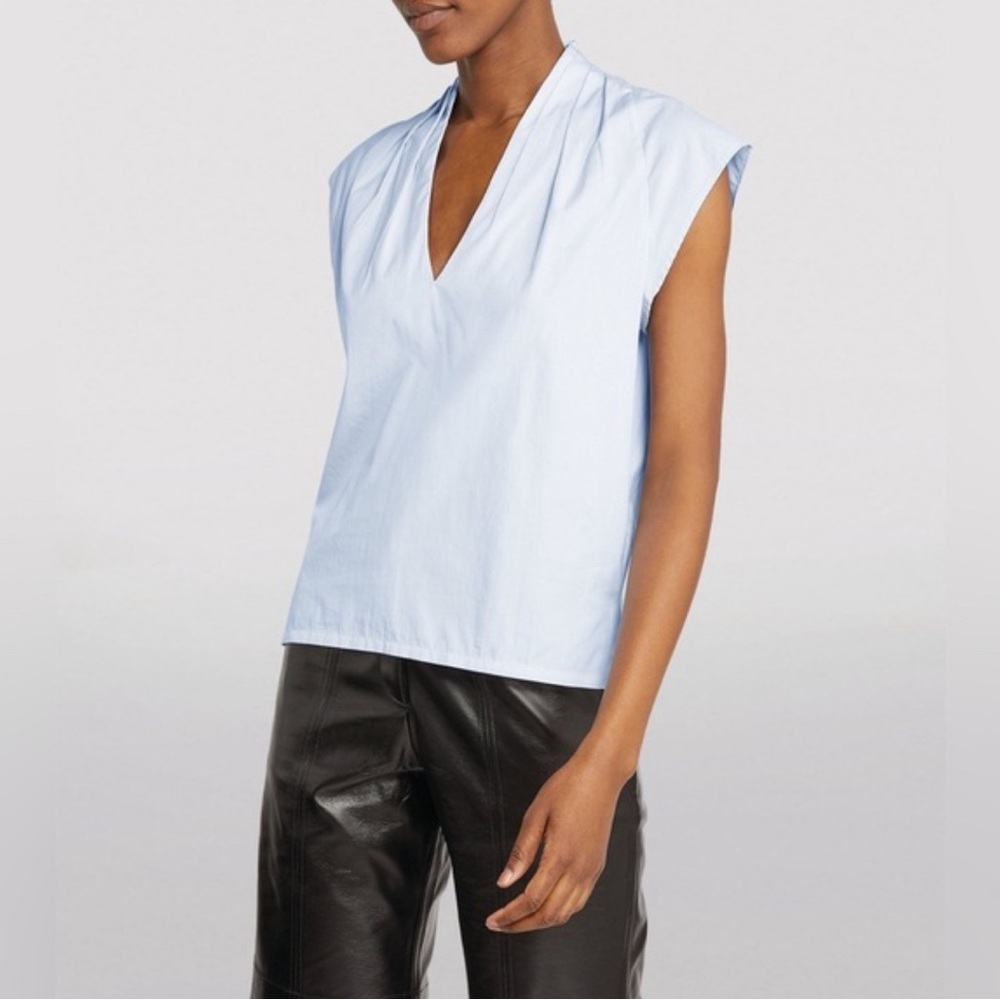 FRAME LINDSAY ORGANIC COTTON CIEL BLUE VNECK CAP SLEEVE TOP SIZE SMALL